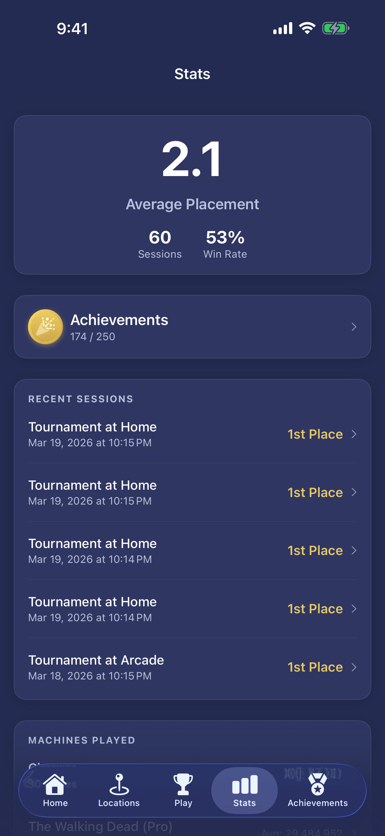 Player statistics with average placement, win rate, and machine-by-machine tracking